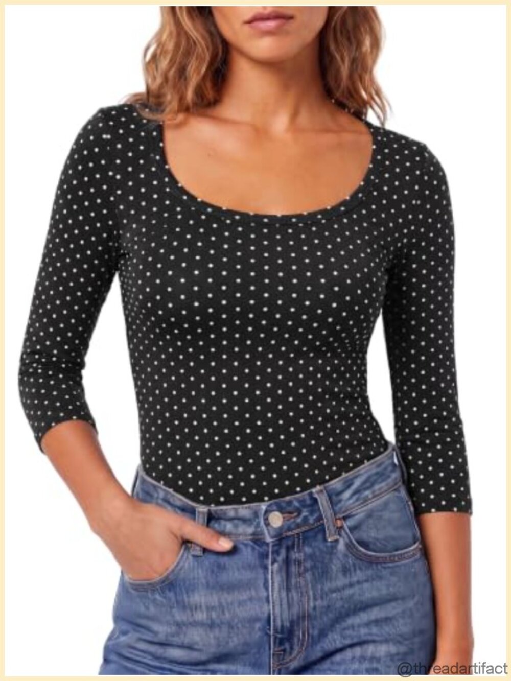 Womens Polka Dot Top 3/4 Sleeve Slim Fit U Neck Casual Tee